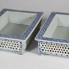 Pair of Antique Chinese Export Blue and White Reticulated Porcelain Bonzai Planters