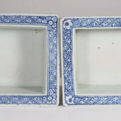 Pair of Antique Chinese Export Blue and White Reticulated Porcelain Bonzai Planters