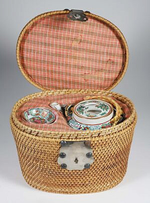 Rose Medallion Style Teapot and Saucer in Woven Carrying Warmer Basket