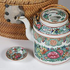 Antique Famille Rose Covered Teapot and Saucer in Woven Carrying Warmer Basket