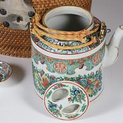 Antique Famille Rose Covered Teapot and Saucer in Woven Carrying Warmer Basket
