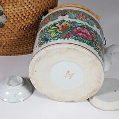 Antique Famille Rose Covered Teapot and Saucer in Woven Carrying Warmer Basket