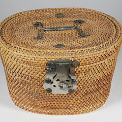 Antique Famille Rose Covered Teapot and Saucer in Woven Carrying Warmer Basket