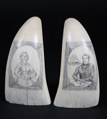 Pair of Scrimshaw Whale Teeth Engraved with Ship Captain and Wife