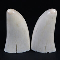 Pair of Antique Scrimshaw Whale Teeth Engraved with Ship Captain and Wife