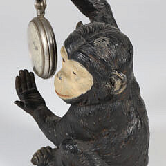 Antique Pot Metal Chimpanzee Pocket Watch Holder with Ingersoll Crown Pocket Watch