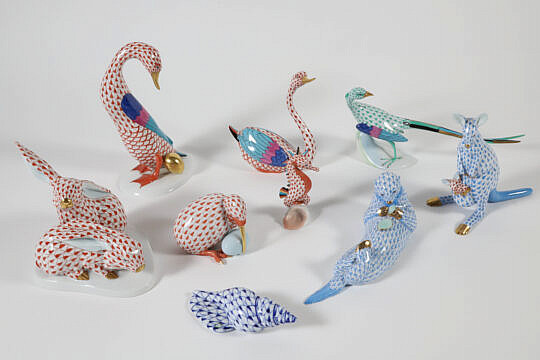 Collection of Eight Herend Porcelain Animals and One Shell