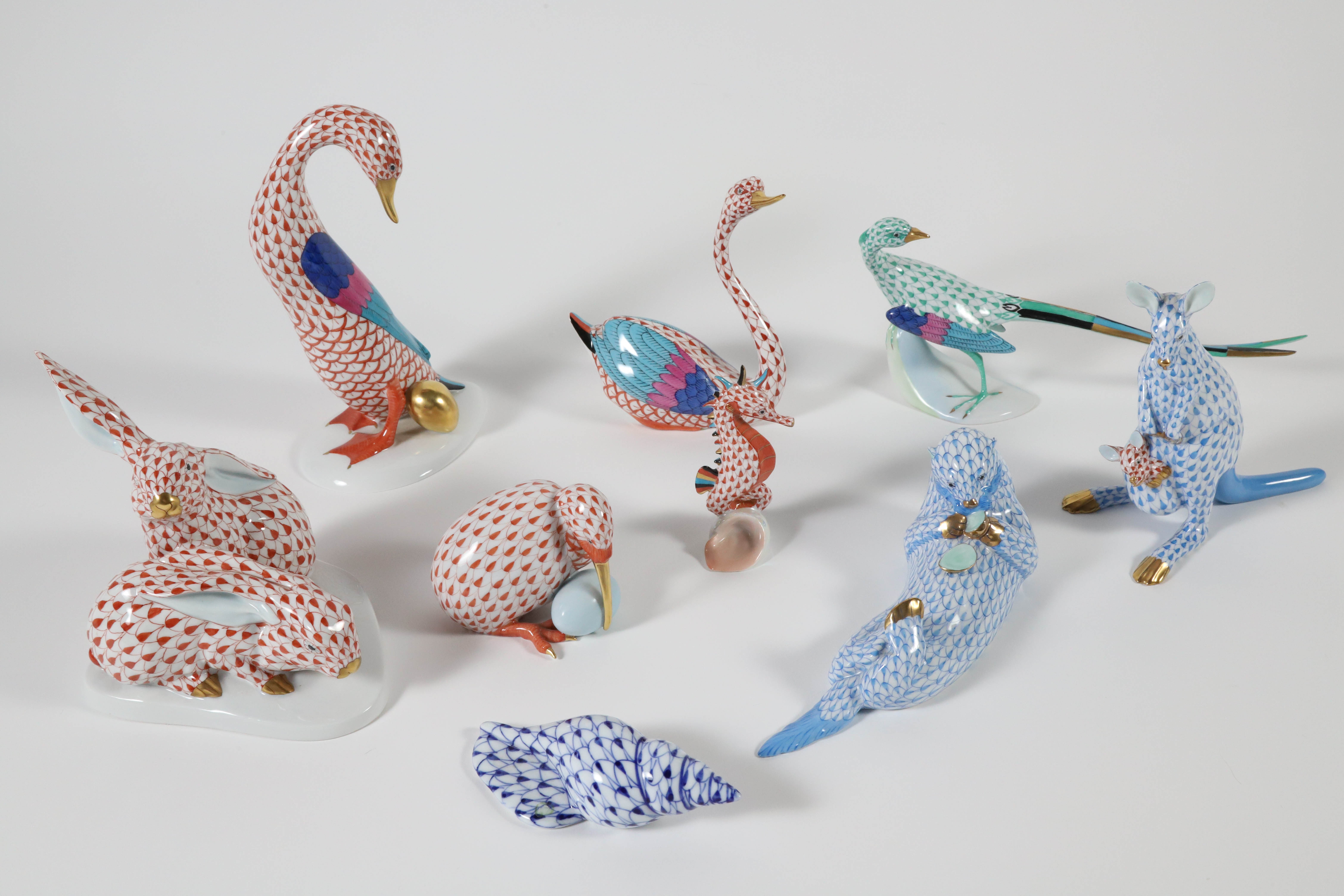 collection-of-eight-herend-porcelain-animals-and-one-shell-collection