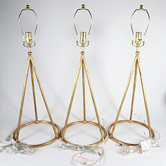 Three Gilt Metal Tripod Table Lamps with Shades