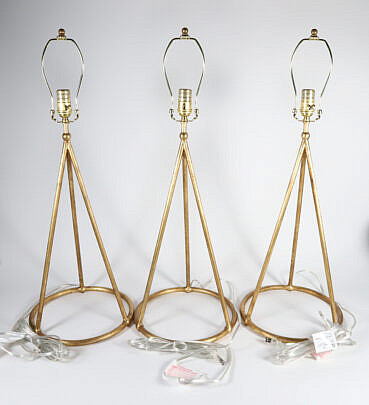 Three Gilt Metal Tripod Table Lamps with Shades