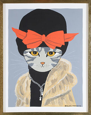 Maggie Meredith (1922-2012) Oil on Canvas "Portrait of a Cat Wearing a Red Bowed Hat"