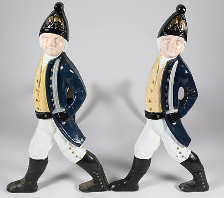 Pair of Cast Iron and Painted Hessian Andirons