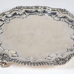 George V English Sterling Silver Footed Salver with Gadroon and Shell Repousse Border, circa 1913