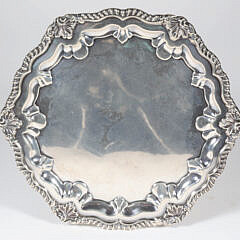George V English Sterling Silver Footed Salver with Gadroon and Shell Repousse Border, circa 1913