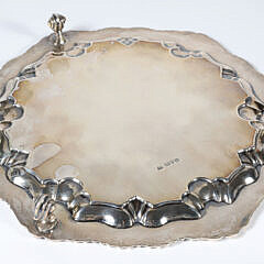 George V English Sterling Silver Footed Salver with Gadroon and Shell Repousse Border, circa 1913
