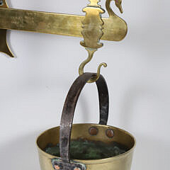 Brass Range Crane with Decorative Cut Swan Silhouette and Accompanying Pot with Iron Handle