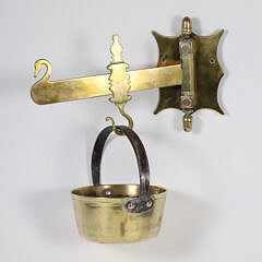 Brass Range Crane with Decorative Cut Swan Silhouette and Accompanying Pot with Iron Handle