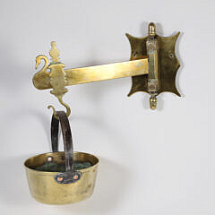 Brass Range Crane with Decorative Cut Swan Silhouette and Accompanying Pot with Iron Handle
