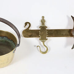 Brass Range Crane with Decorative Cut Swan Silhouette and Accompanying Pot with Iron Handle