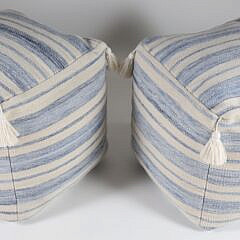 Pair of Serena & Lily Blue and White Upholstered Tasseled Square Poufs