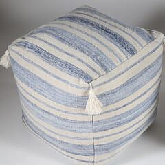 Pair of Serena & Lily Blue and White Upholstered Tasseled Square Poufs