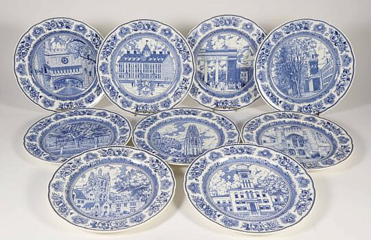 Nine Blue and White Wedgwood "Camp Field" Yale Dinner Plates