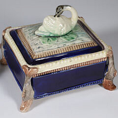 Antique Majolica Swan Handled Box and Serving Plate