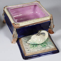 Antique Majolica Swan Handled Box and Serving Plate