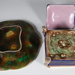 Antique Majolica Swan Handled Box and Serving Plate