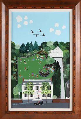 Jane Simonds Oil on Board "Folk Art Landscape of Seven Pleasant Street, Nantucket"