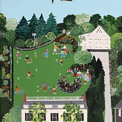 Jane Simonds Folk Art Oil on Board “Portrait of 7 Pleasant Street, Nantucket and Rear Gardens”