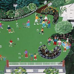 Jane Simonds Folk Art Oil on Board “Portrait of 7 Pleasant Street, Nantucket and Rear Gardens”