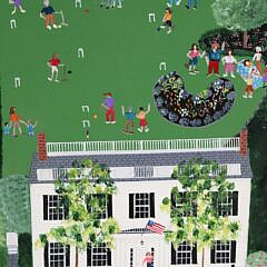 Jane Simonds Folk Art Oil on Board “Portrait of 7 Pleasant Street, Nantucket and Rear Gardens”