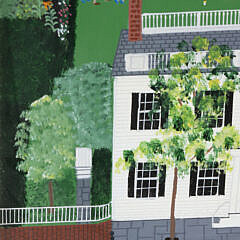 Jane Simonds Folk Art Oil on Board “Portrait of 7 Pleasant Street, Nantucket and Rear Gardens”
