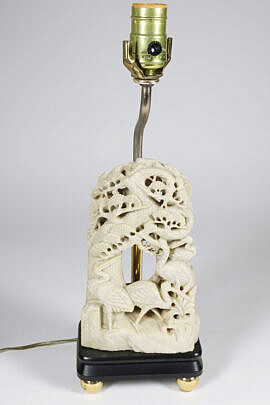 Chinese Carved Birds and Foliage Soapstone Mounted as a Lamp