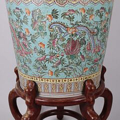 Chinese Floral and Foo Dragon Decorated Porcelain Planter on Teakwood Stand