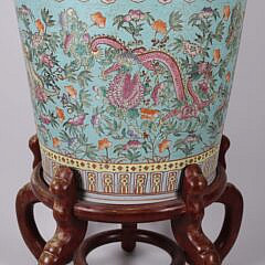 Chinese Floral and Foo Dragon Decorated Porcelain Planter on Teakwood Stand