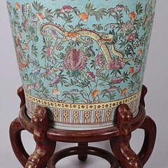 Chinese Floral and Foo Dragon Decorated Porcelain Planter on Teakwood Stand