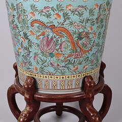 Chinese Floral and Foo Dragon Decorated Porcelain Planter on Teakwood Stand