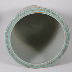 Chinese Floral and Foo Dragon Decorated Porcelain Planter on Teakwood Stand