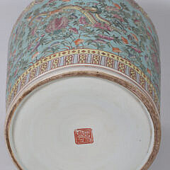 Chinese Floral and Foo Dragon Decorated Porcelain Planter on Teakwood Stand