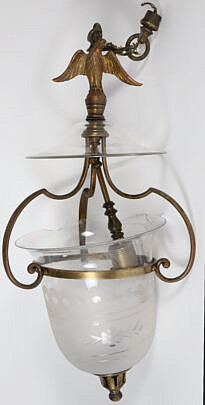 Brass and Etched Glass Hanging Light Fixture