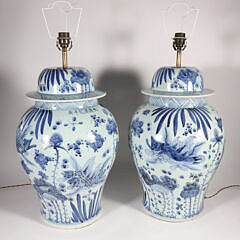 Pair of Chinese Cobalt Blue Under-Glazed Decorated Temple Jars Mounted as Lamps