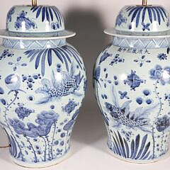 Pair of Chinese Cobalt Blue Under-Glazed Decorated Temple Jars Mounted as Lamps
