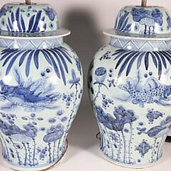 Pair of Chinese Cobalt Blue Under-Glazed Decorated Temple Jars Mounted as Lamps