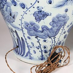 Pair of Chinese Cobalt Blue Under-Glazed Decorated Temple Jars Mounted as Lamps