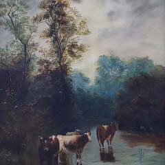 J. Fox Oil on Canvas “Pastoral River Landscape”, circa 1910