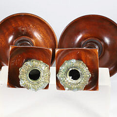 Pair of Turned Mahogany and Repousse Brass Candlesticks, 19th Century