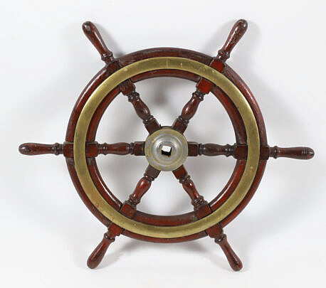Contemporary Mahogany and Brass Ship’s Wheel
