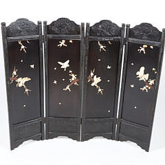 Antique Hand Carved, Black Lacquer Table Top 4 Panel Folding Screen